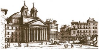 Image: Pantheon – 17th Century — This drawing by Giovanni Battista Falda dates back to the late 17th century. The Pantheon was defined as a temple to all gods. Pope Urban VIII (1623-1644) added the two bell towers designed by Bernini. They were removed in 1833.